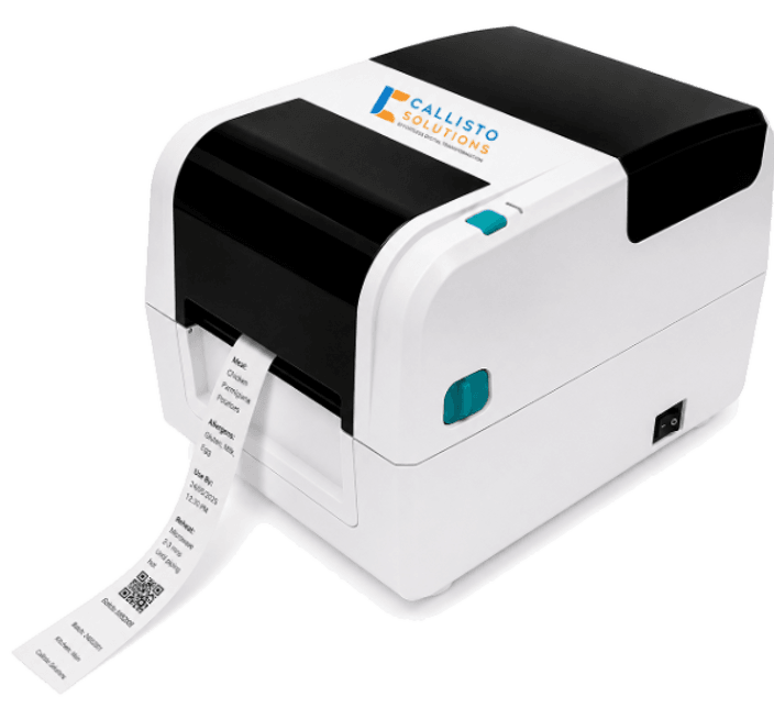 The CT Label Printer: a white and black thermal label printer printing a food label
