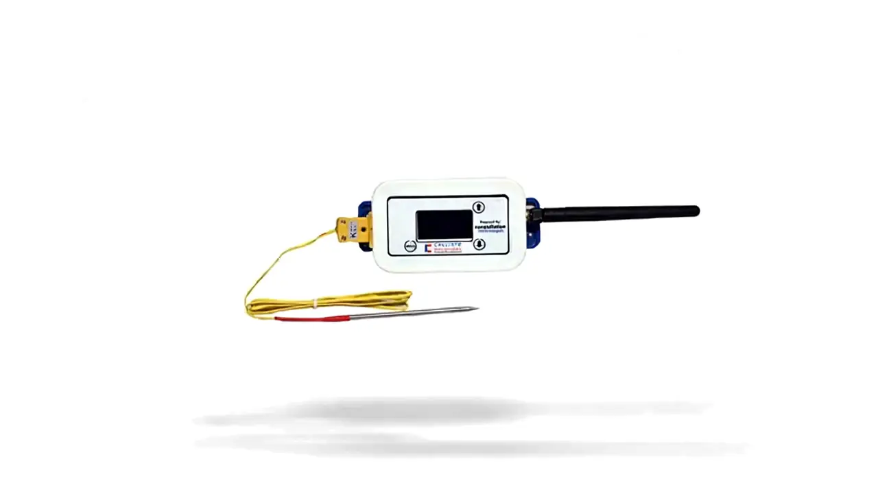 The Cooldown Device: a white sensor with a small display, an antenna and a yellow thermocouple probe lead